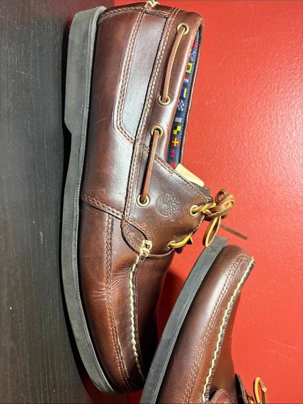 Timberland Brown Leather Boat Shoes with Yellow Laces